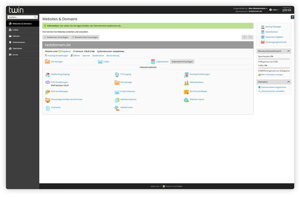 Plesk Verwaltungsoberfläche