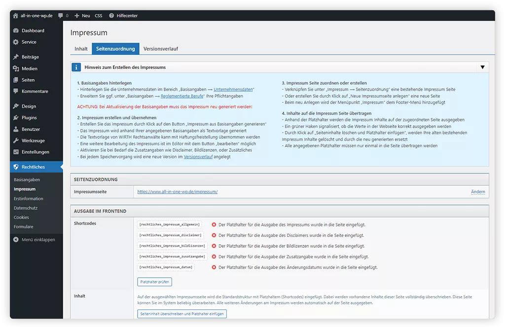 Impressum Seitenzuordnung